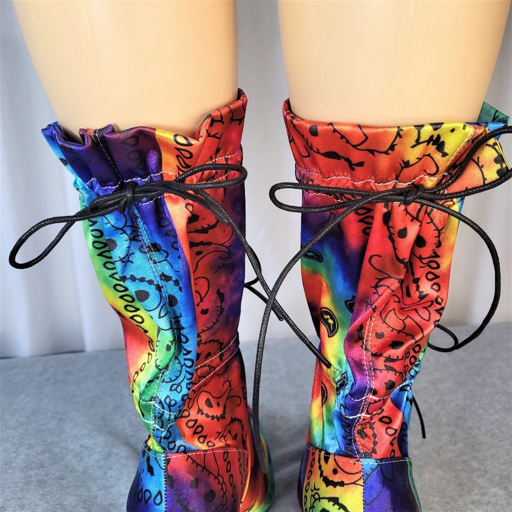 * Mata Bold Tie Dye Drawstring 4" Stiletto High Heel Mid Calf Boots - Picture 7 of 11
